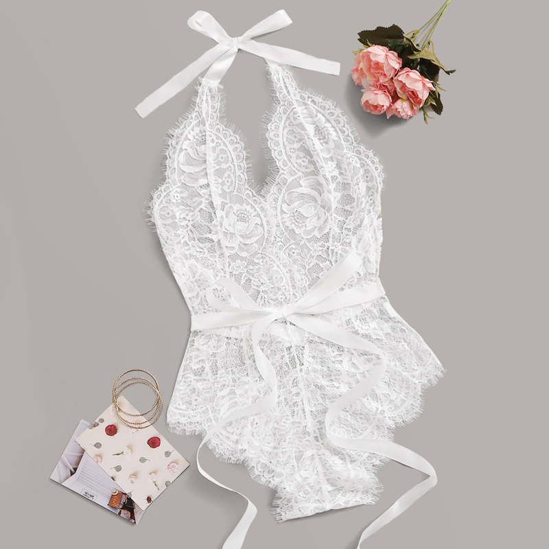 

Floral Lace Sheer Teddy Bodysuit Without Lingerie Set, White