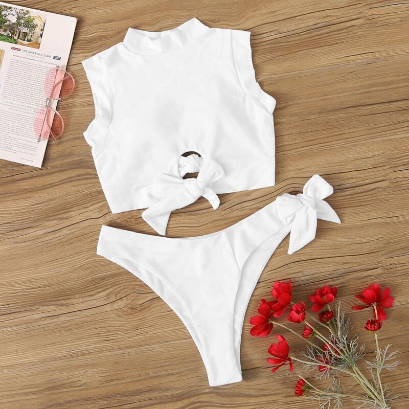 

Knot Cut Out Top With High Cut Bikini Set, White