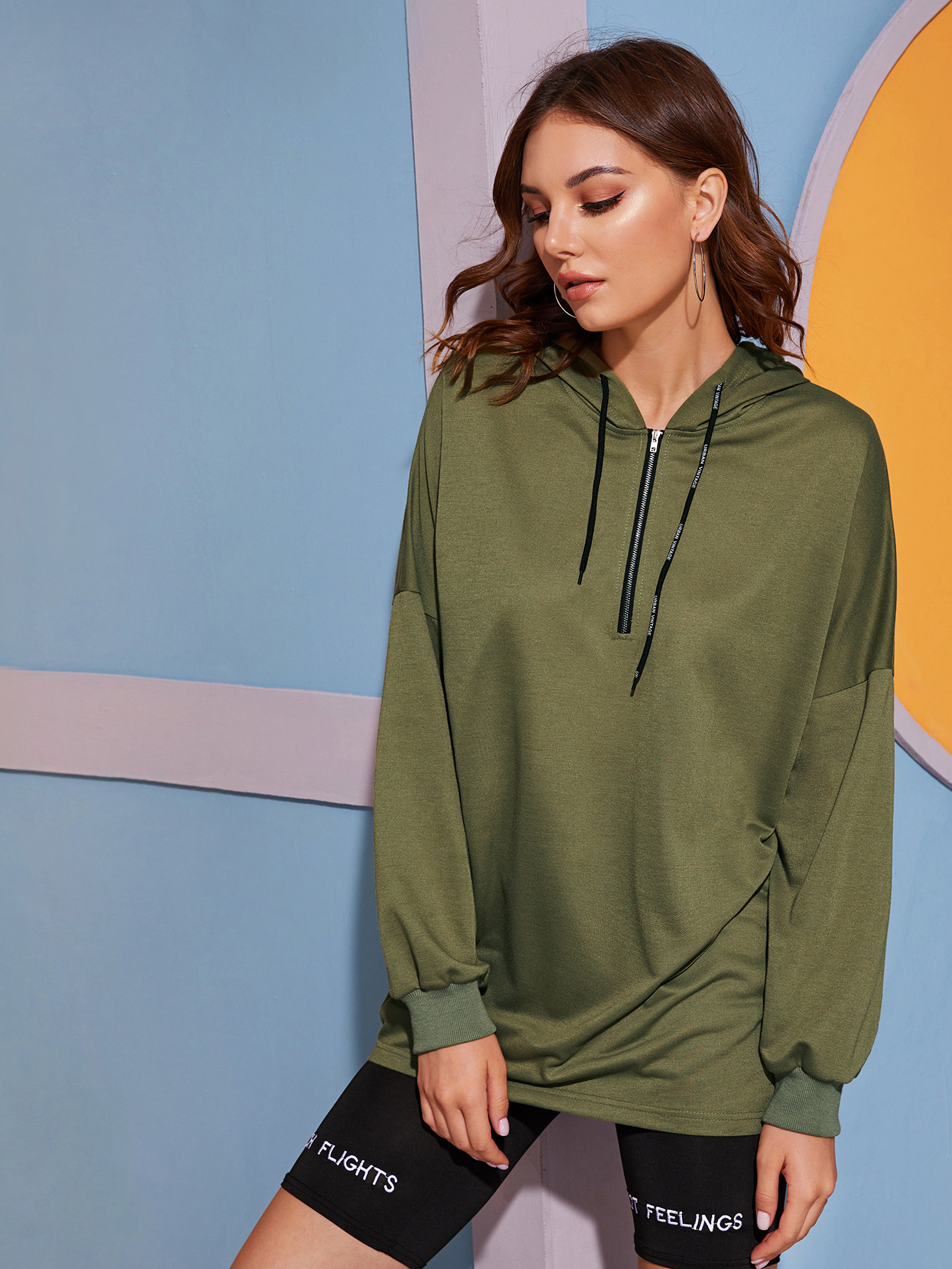 Sudadera larga con capucha con cordón con cremallera media | Moda de Mujer  | SHEIN México