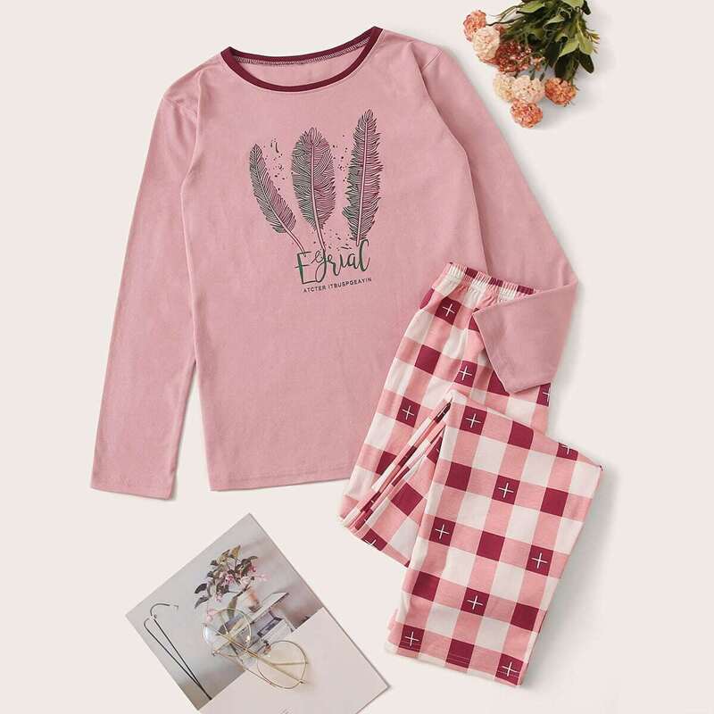 

Feather Print Gingham PJ Set, Pink