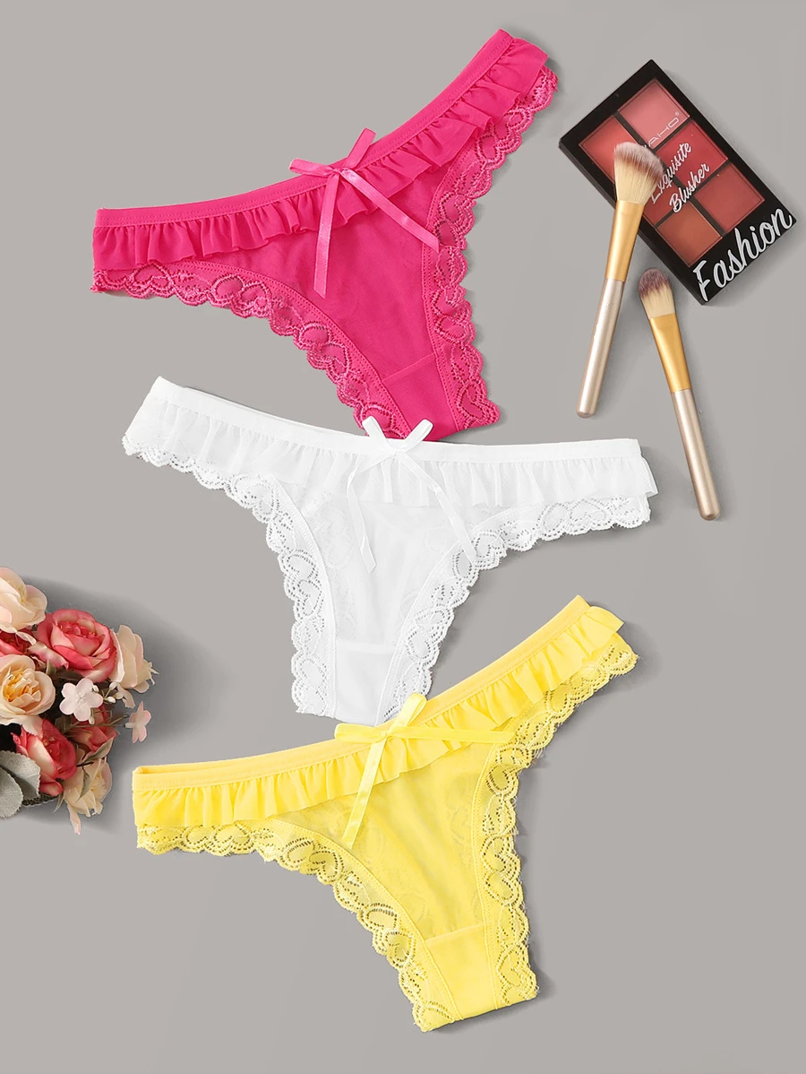 3pack Lace Trim Panties Set, Sexy Lingerie - Multicolor - View 1