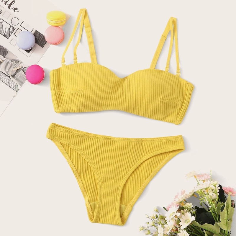 

Rib Adjustable Strap Lingerie Set, Yellow