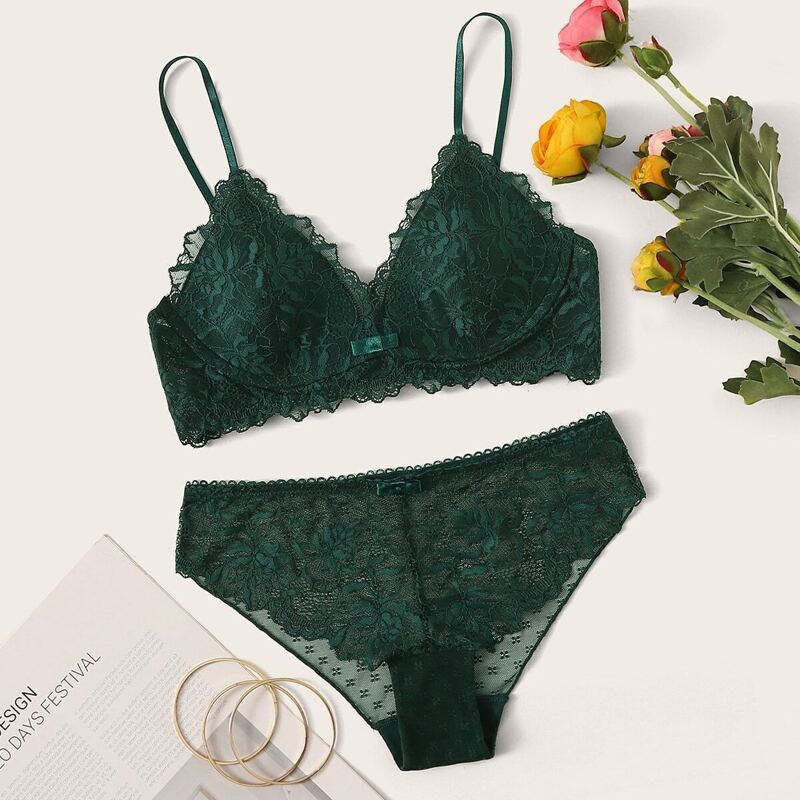 

Floral Lace Lingerie Set, Green