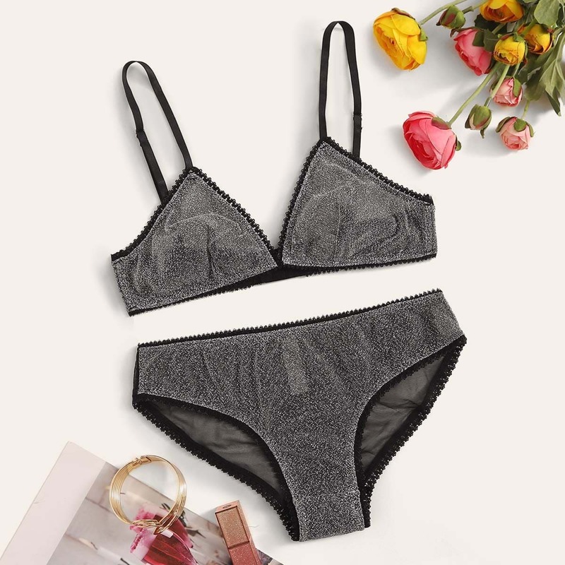 

Glitter Adjustable Strap Lingerie Set, Grey