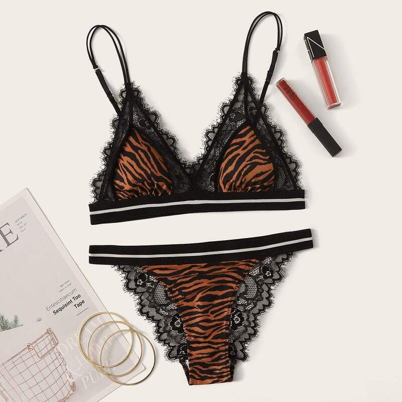 

Tiger Striped Lace Trim Lingerie Set, Multicolor