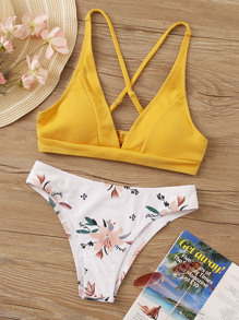 Textured Criss Cross Top With Floral Cheeky Bikini Set
