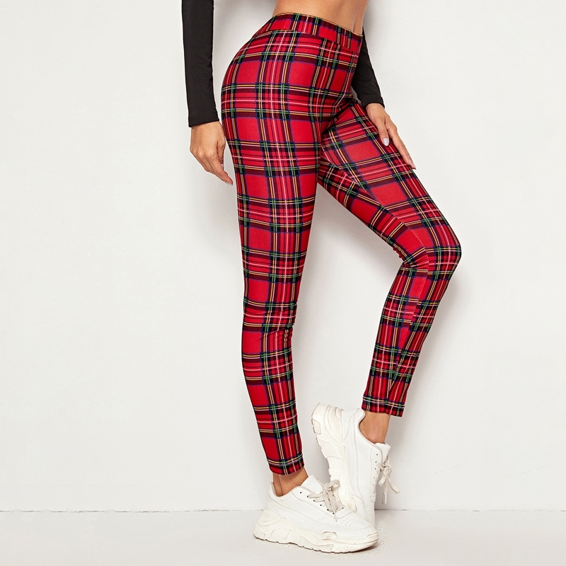 

Tartan Plaid Elastic Waist Pants, Red