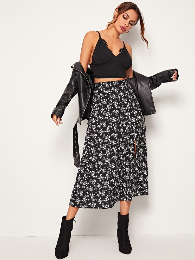 SHEIN Jupe fendue à imprimé floral - Noir et Blanc - Voir 5