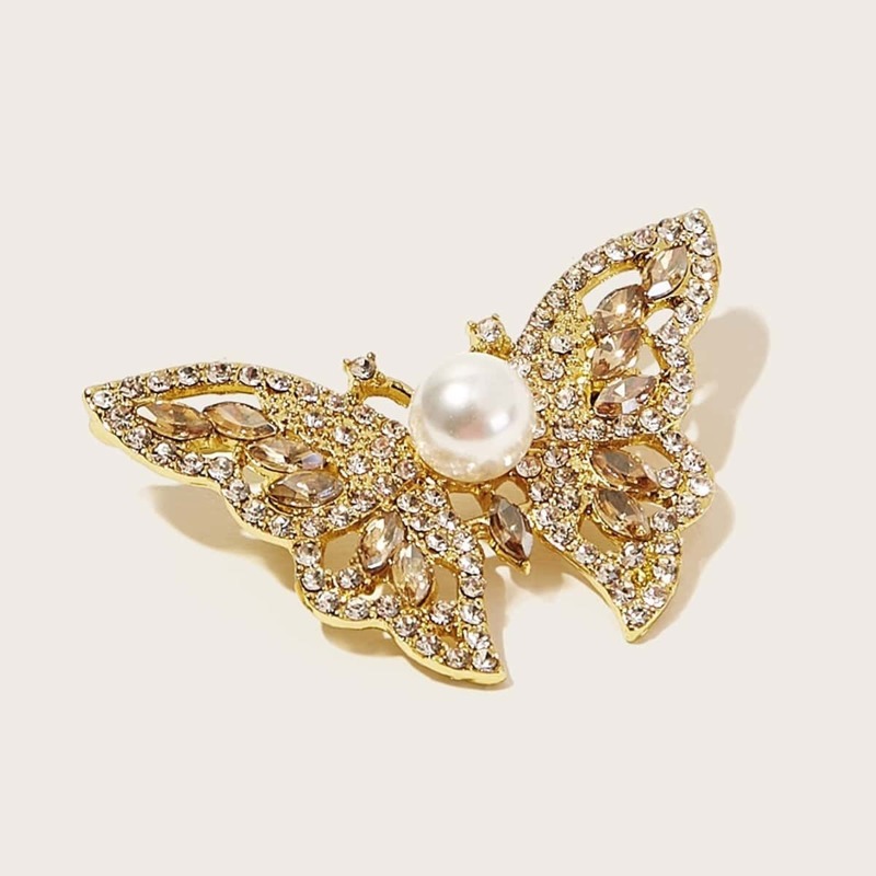 

1pc Faux Pearl Decor Rhinestone Engraved Butterfly Brooch, Gold