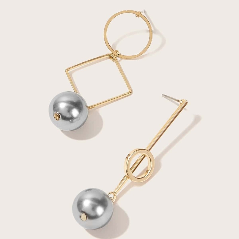 

1pair Geometric Decor Ball Mismatched Drop Earrings, Gold