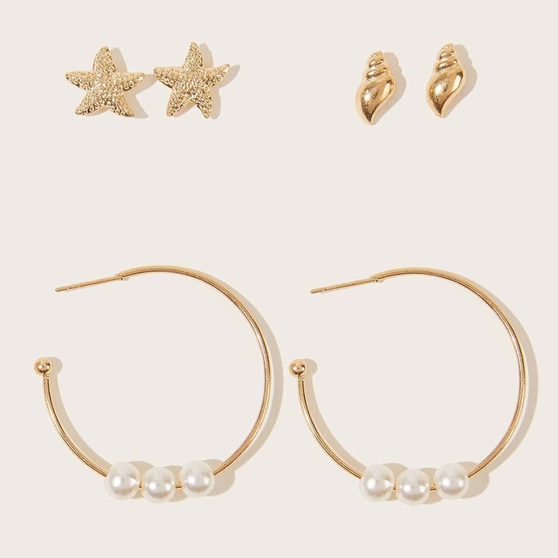 

3pairs Shell & Starfish Decor Earrings, Gold