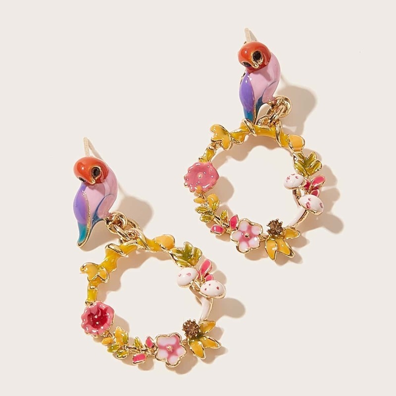 

1pair Bird Decor Flower & Mushroom Hoop Drop Earrings, Multicolor