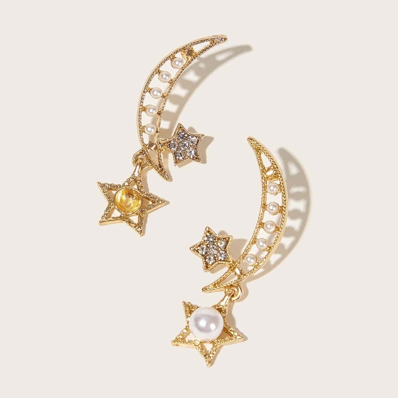 

1pair Faux Pearl Decor Moon & Star Drop Earrings, Gold