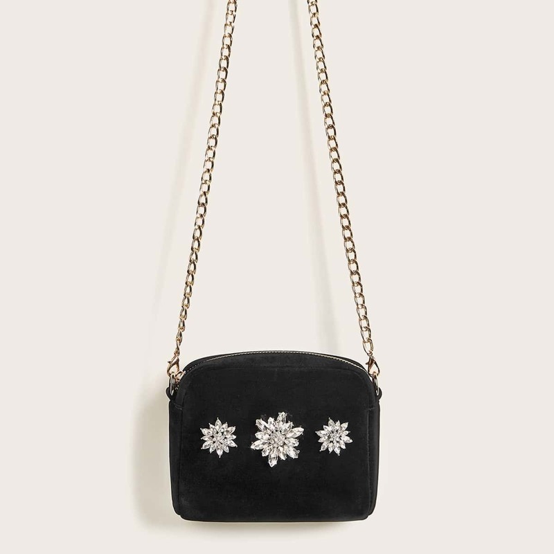

Crystal Flower Decor Suede Chain Bag, Black