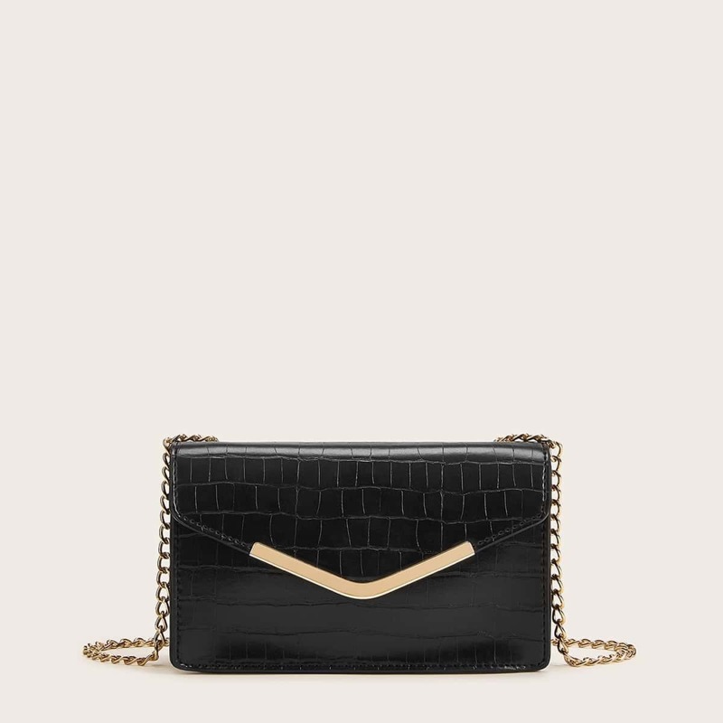 

Croc Embossed Flap Chain Crossbody Bag, Black
