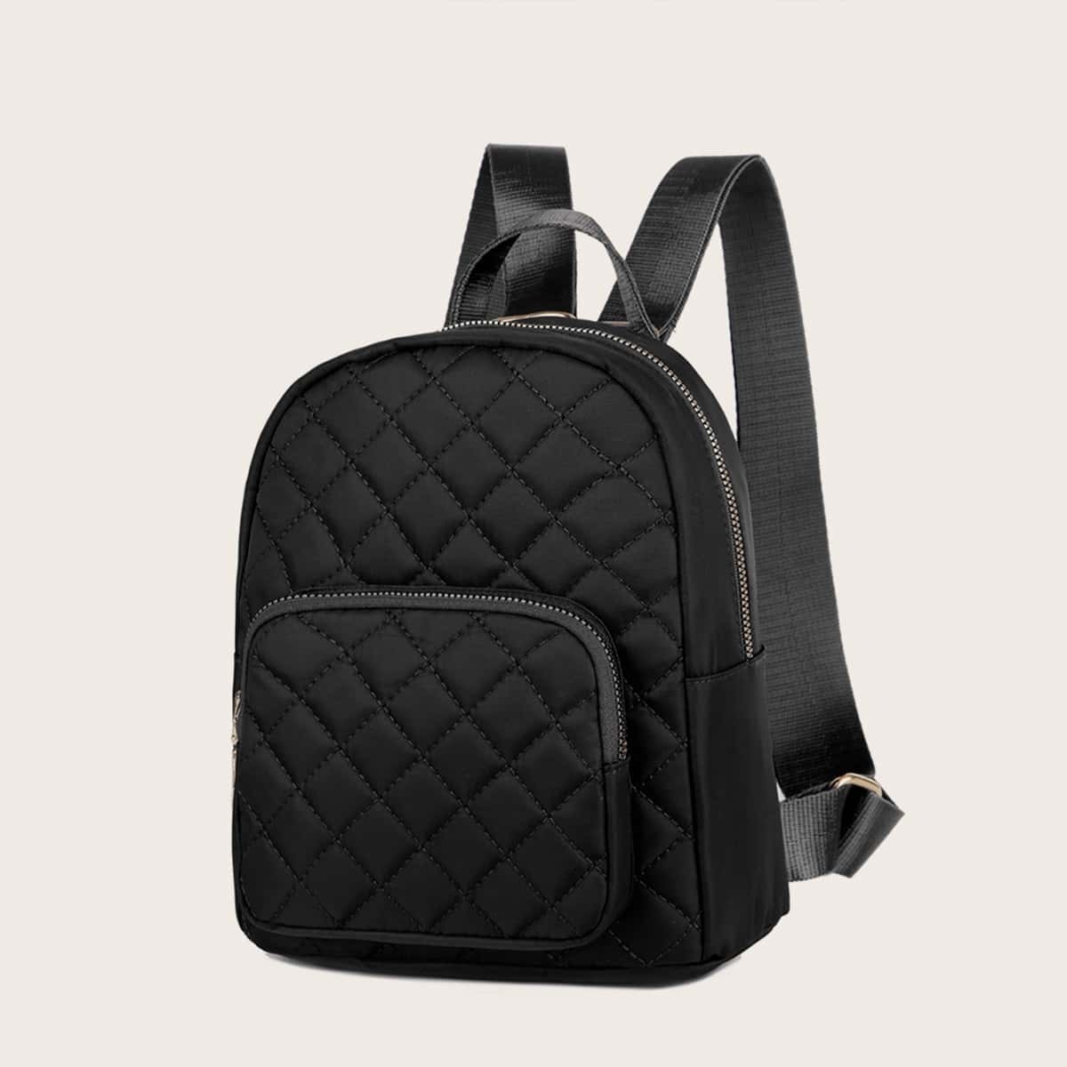 

Pocket Front Quilted Backpack, Black