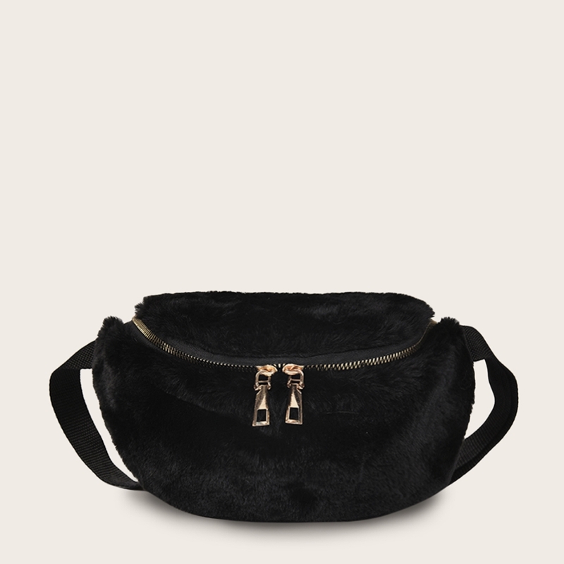 

Zip Front Fluffy Fanny Pack, Black