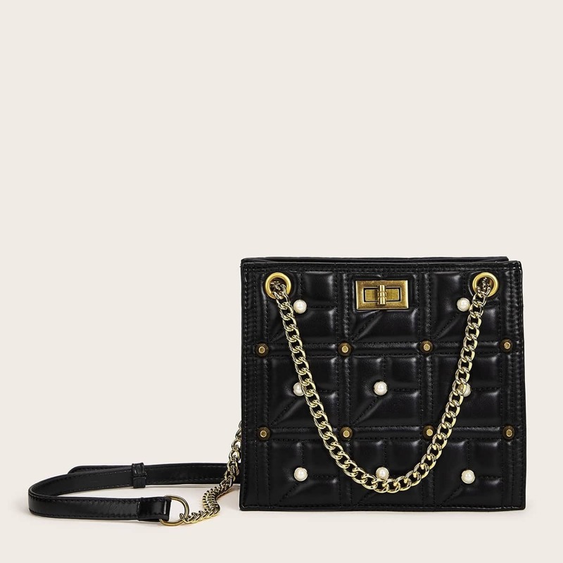 

Twist Lock Beaded Chain Tote Bag, Black