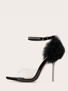 Ankle Strap Faux Fur Decor Stiletto Heels