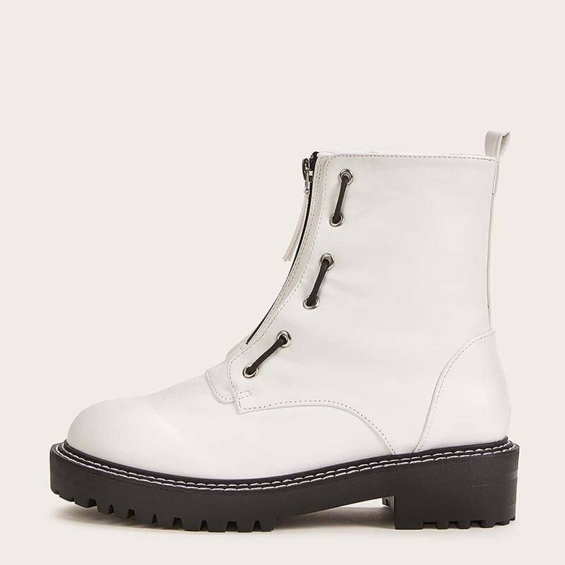 

Zip Front Decor Combat Boots, White