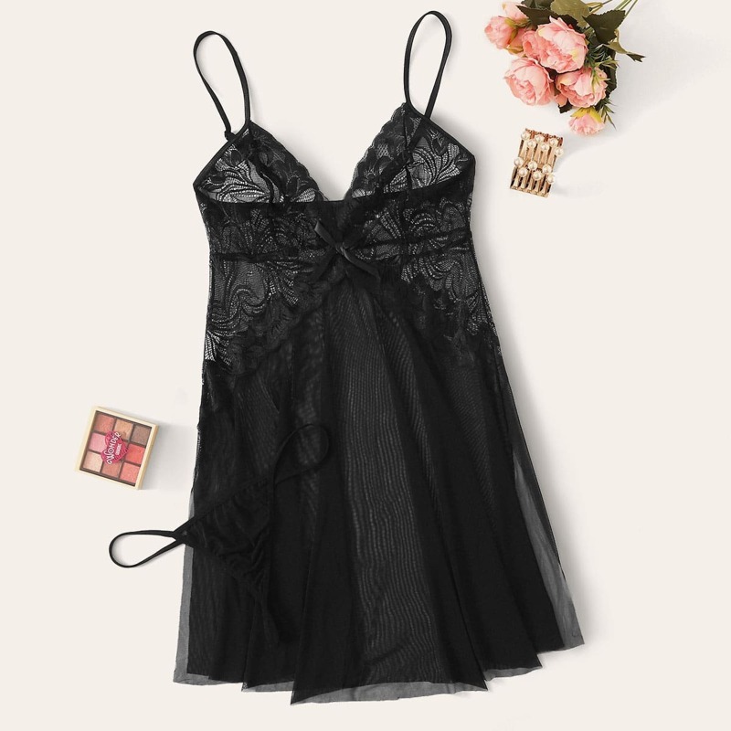 

Floral Lace Sheer Slips With Thong, Black