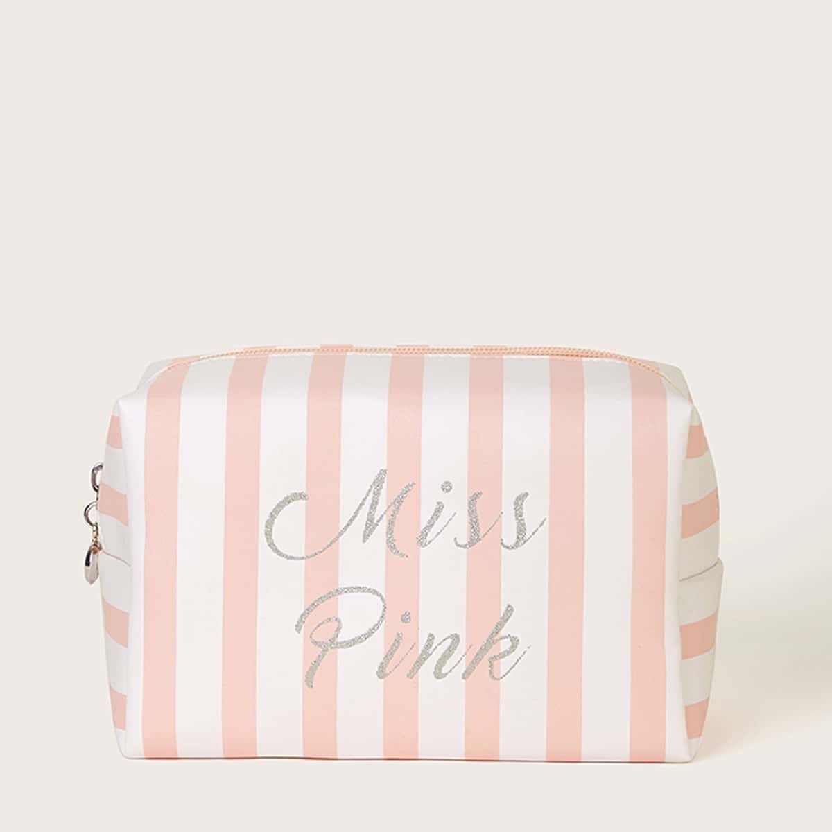 

Slogan & Striped Pattern Makeup Bag, Multicolor
