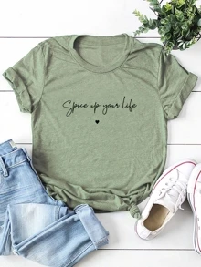 Camiseta de cuello redondo con estampado de letra - verde menta - Ver 1