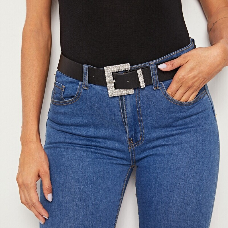 

Rhinestone Engraved Square Buckle Belt, Black