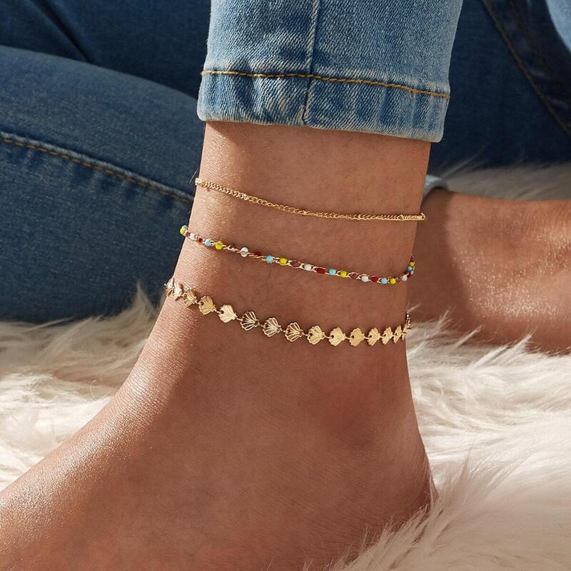 Shell & Bead Decor Chain Anklet 3pcs, Gold