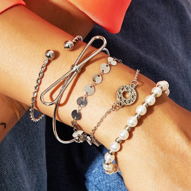 

Knot Design & Beaded Bracelet 5pcs, Silver