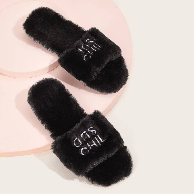 

Letter Embroidered Faux Fur Slides, Black
