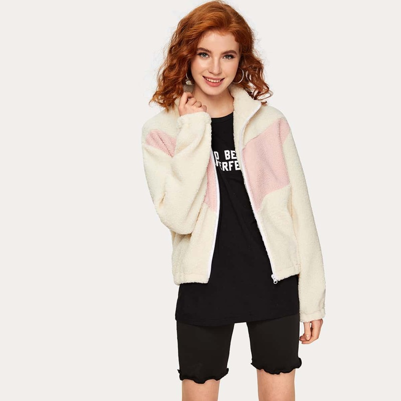 

Contrast Panel Zip-up Teddy Jacket, Beige
