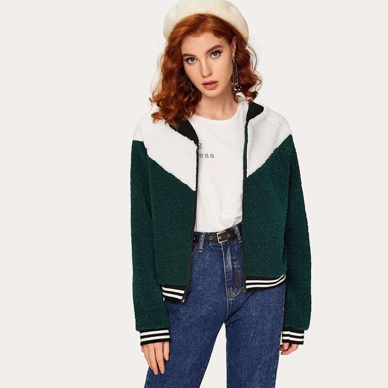 

Contrast Panel Zip-up Teddy Bomber Jacket, Green