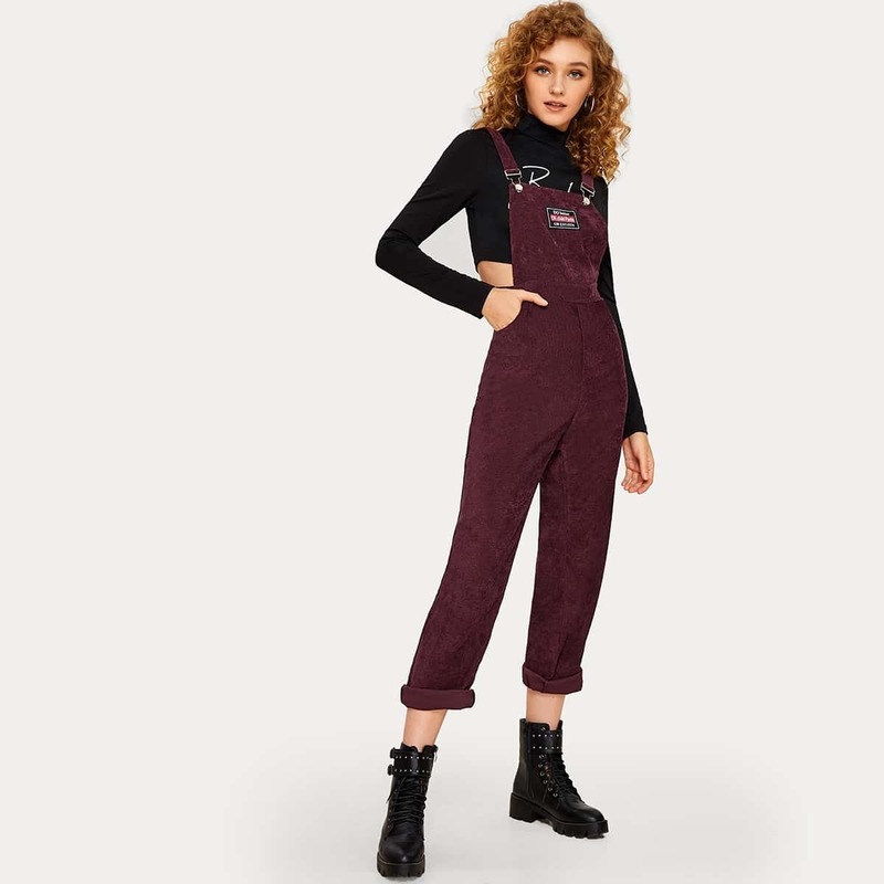 

Patched Slant Pocket Corduroy Pinafore Jumpsuit, Burgundy