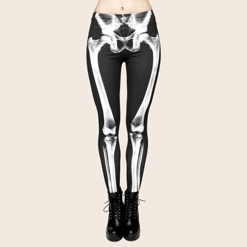 

Halloween Skeleton Print Elastic Waist Leggings, Black and white