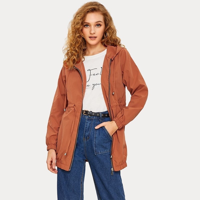 

Solid Zip Through Drawstring Waist Coat, Orange