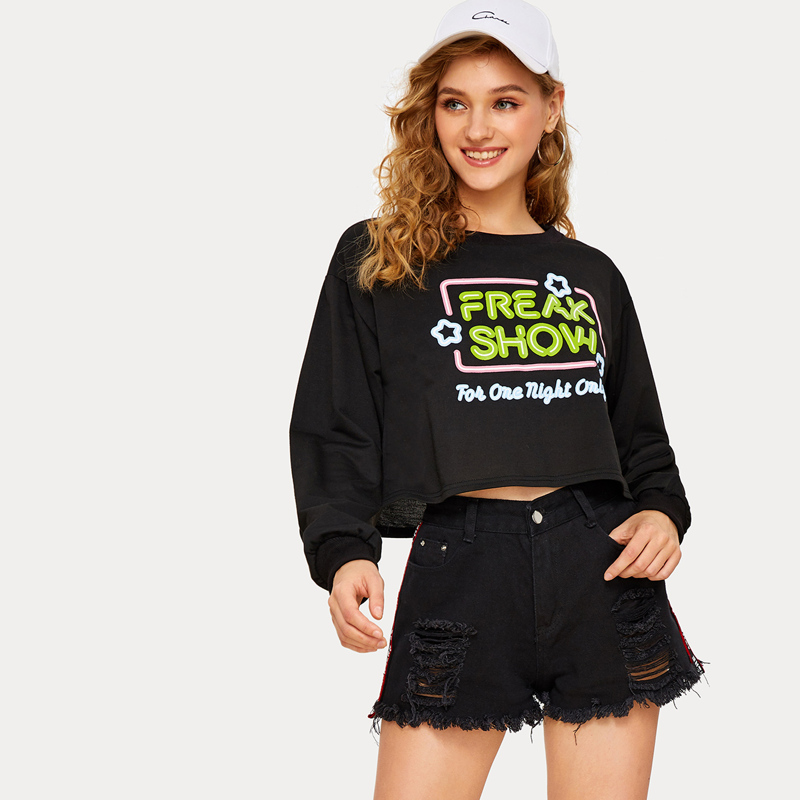 

Letter Print Crew Collar Sweatshirt, Black