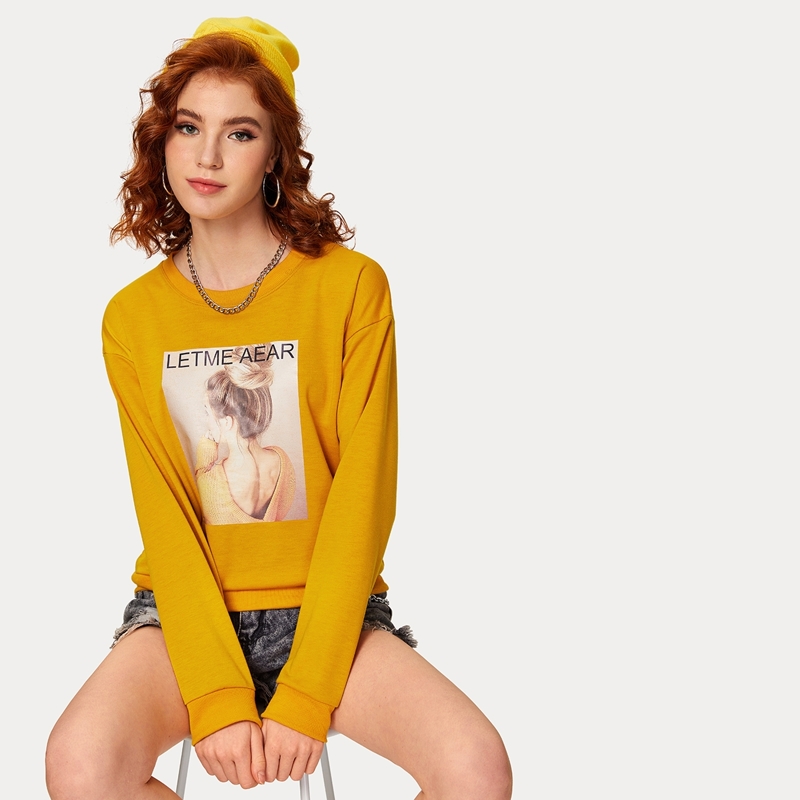 

Letter & Figure Print Sweatshirt, Yellow