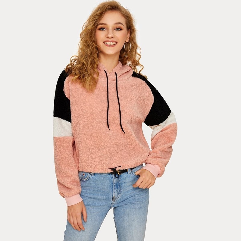 

Cut And Sew Drawstring Teddy Hoodie, Pink