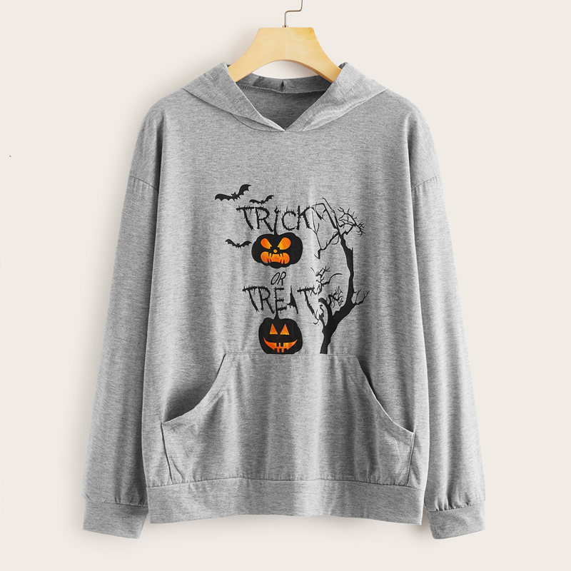 

Halloween Print Kangaroo Pocket Hoodie, Grey