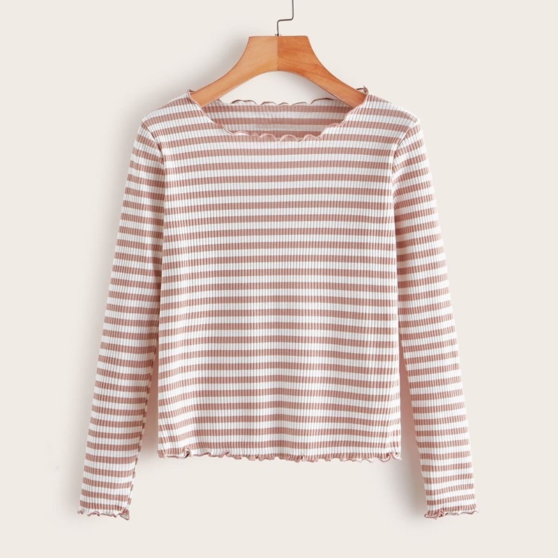 

Striped Lettuce Trim Ribbed Tee, Pink