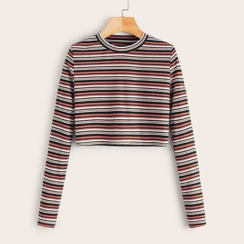 

Multi-stripe Crop Ribbed Tee, Multicolor