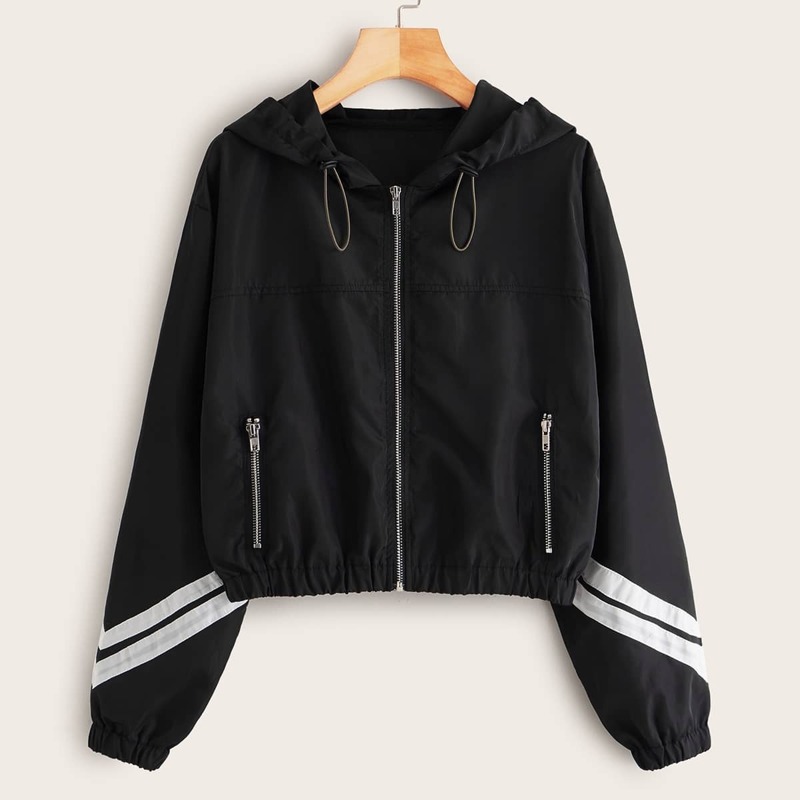 

Striped Zip-up Hooded Jacket, Black