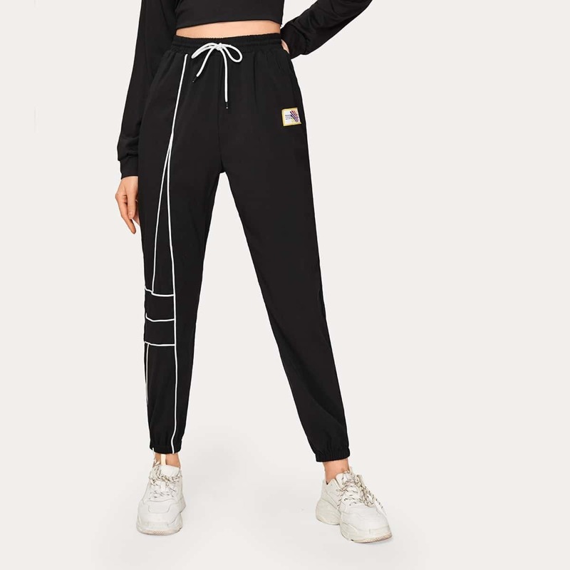 

Piping Trim Drawstring Waist Sweatpants, Black