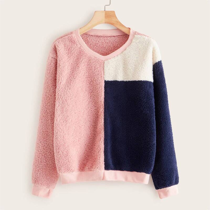 

Cut And Sew Panel Teddy Sweatshirt, Multicolor