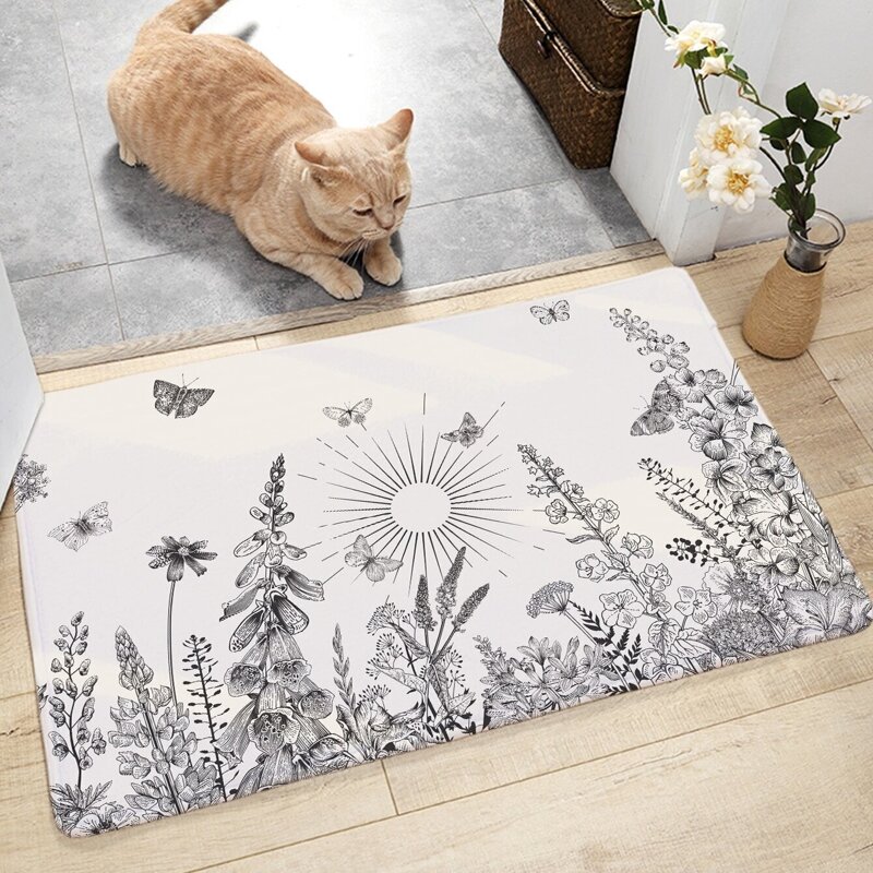 

Sketch Plant & Floral Print Floor Mat, Black and white