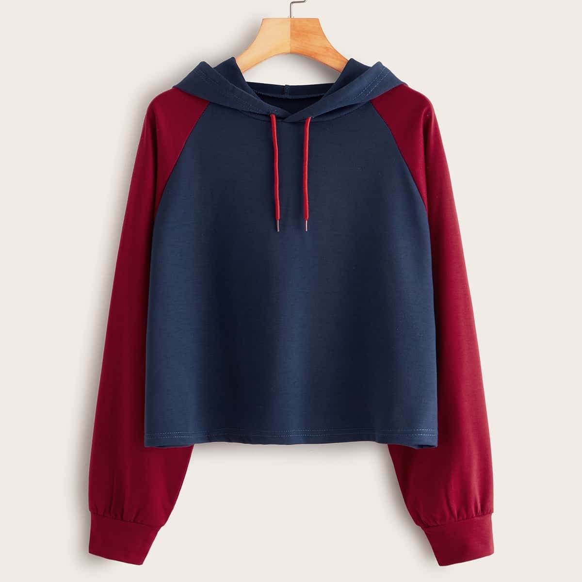 

Contrast Panel Raglan Sleeve Drawstring Hoodie, Navy