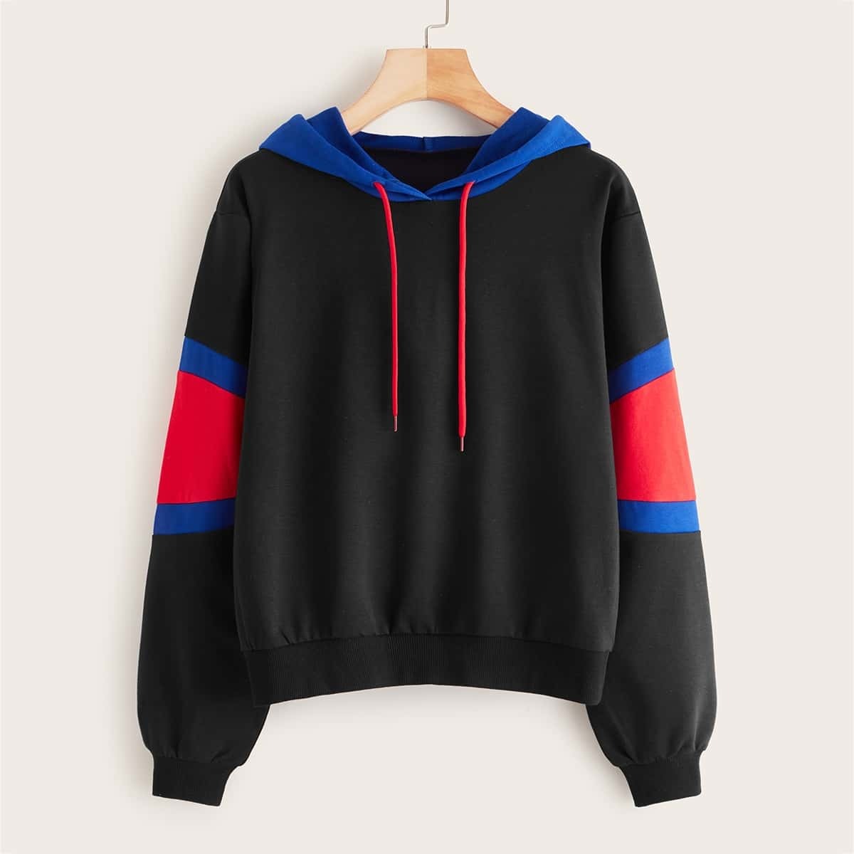 

Cut And Sew Panel Drawstring Hoodie, Black