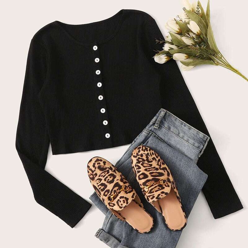 

Button Front Long Sleeve Ribbed Tee, Black