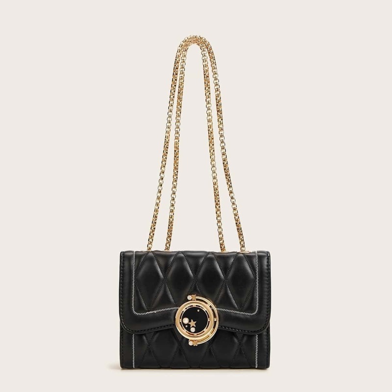 

Metal Decor Quilted Chain Crossbody Bag, Black